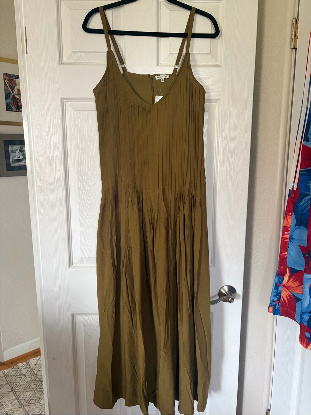 Moon River Pleated Drop Waist midi dress in Olive Green with Adjustable straps
